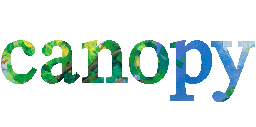 The word "canopy" filled with a textured pattern resembling green foliage and blue sky.