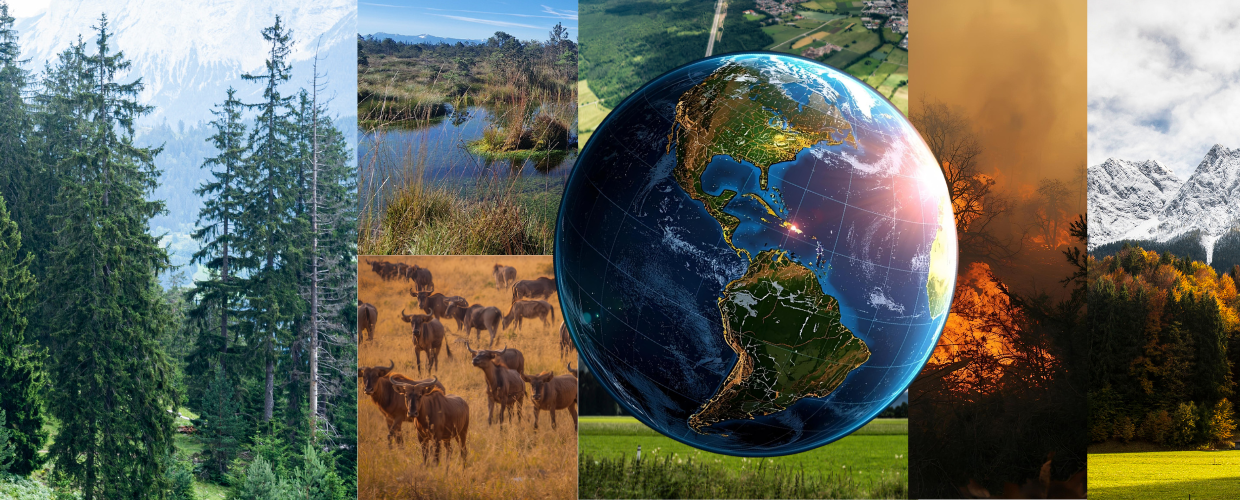 Different ecosystems, mountains, wildfire, wildebeast, forest, peatland and a globe with grid lines in the middle